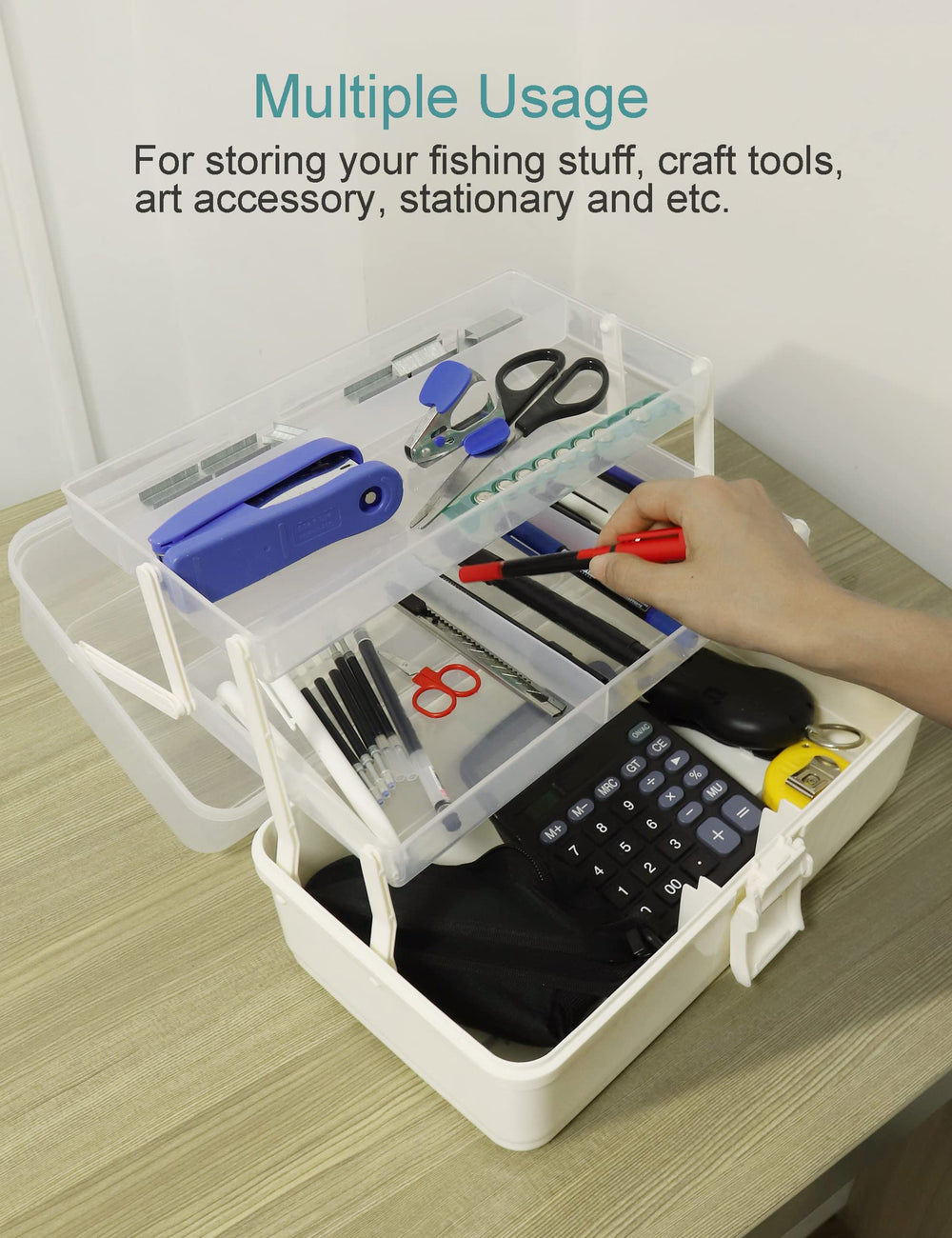 Sturdy white plastic tackle box with latch and handle