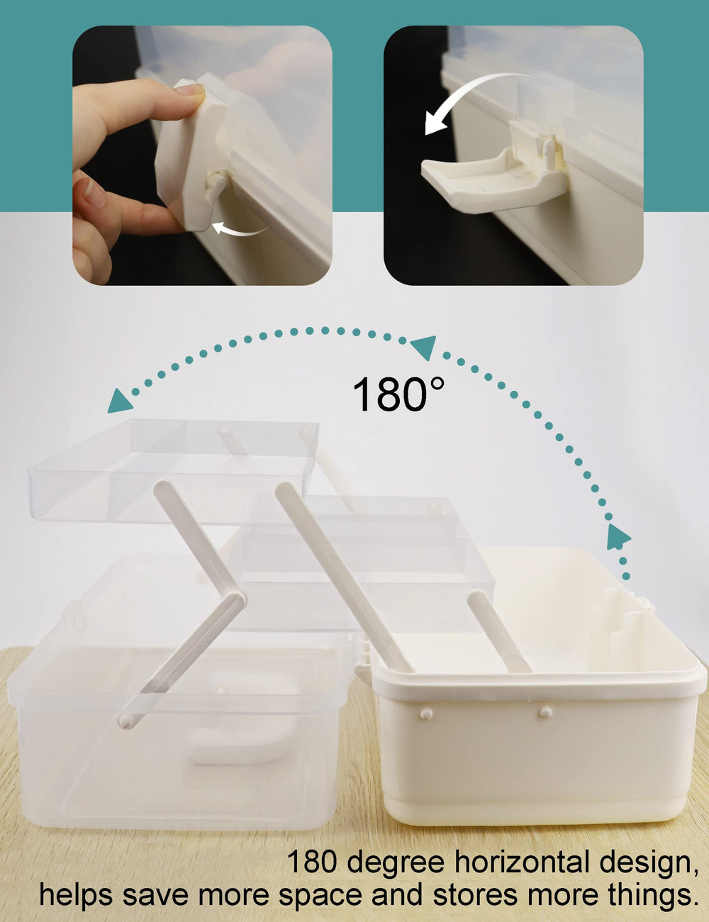 All features: 2 trays, 6 compartments, portable organizer