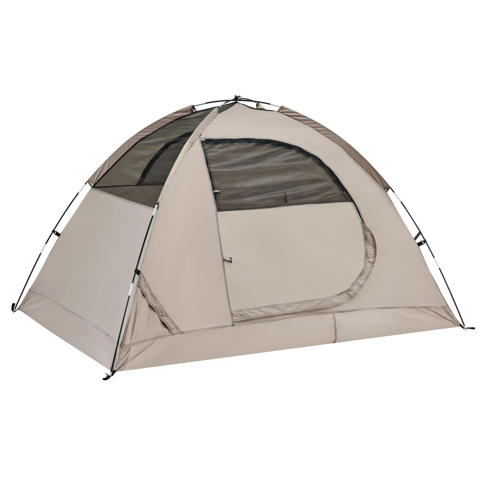 Avocado Green spacious tent durable construction features sturdy fiberglass poles and reinforced seams.