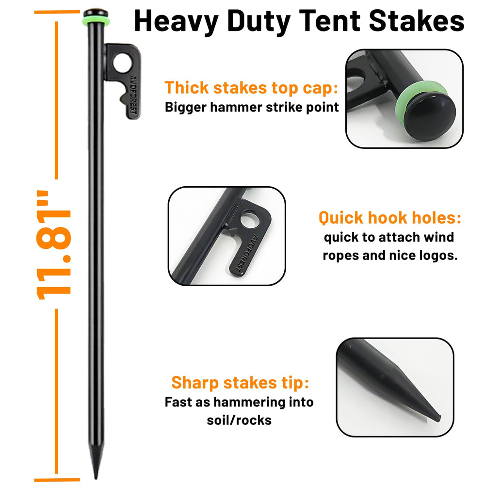 AVOFOREST 12-inch tent stakes curved head design closeup secures rope ties