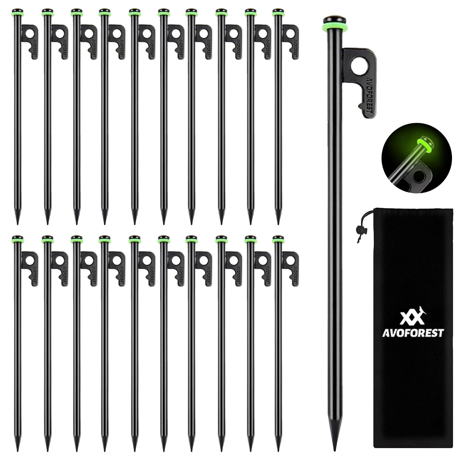 AVOFOREST 12-inch tent stakes packaging shows a 20-piece camping kit for easy prep