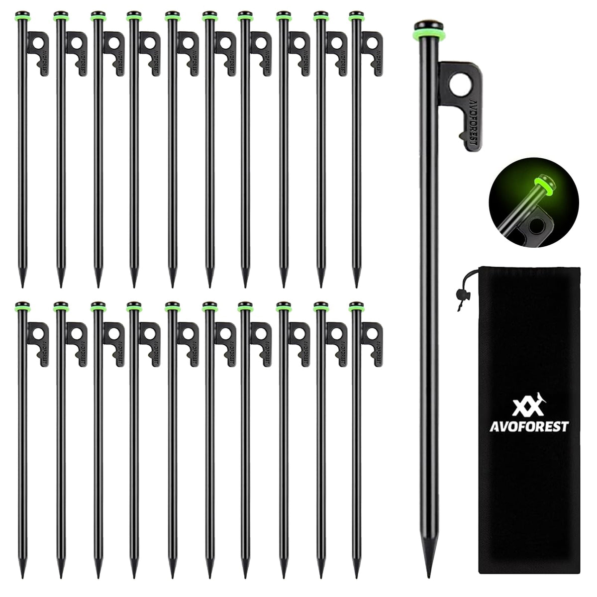 AVOFOREST 12-inch tent stakes packaging shows a 20-piece camping kit for easy prep