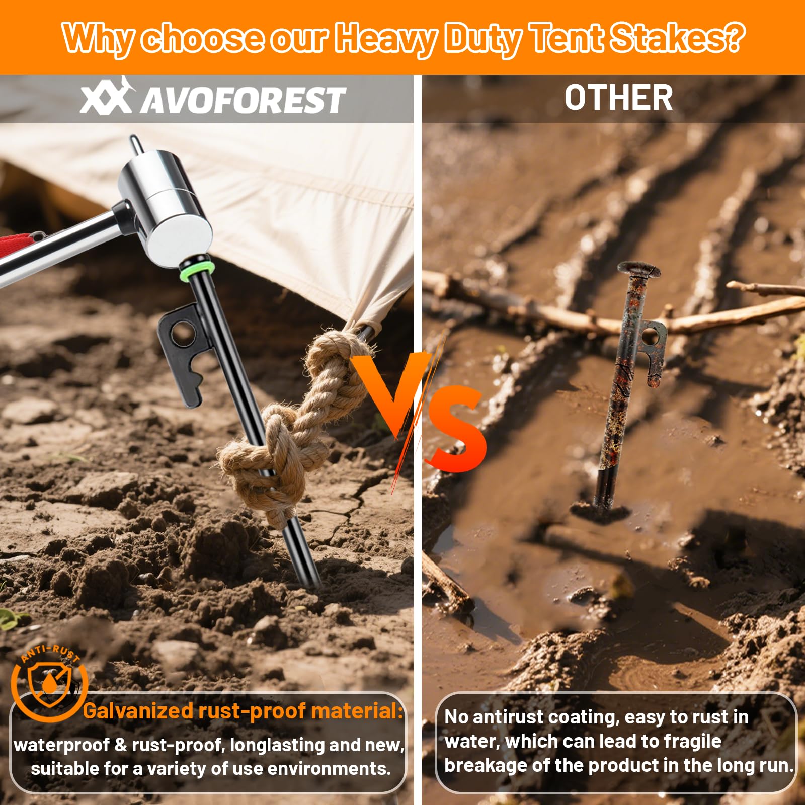AVOFOREST 12-inch tent stakes sharp tip closeup for deep anchoring in hard ground