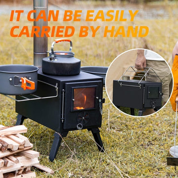 AVOFOREST hot tent stove enables coffee or simple meals beside the warm crackling fire