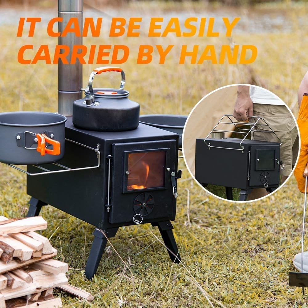 AVOFOREST hot tent stove enables coffee or simple meals beside the warm crackling fire