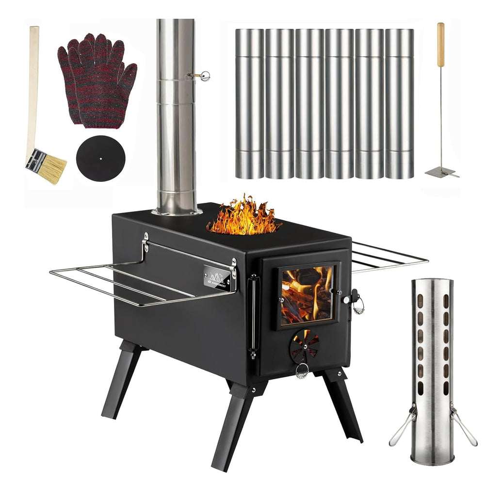 AVOFOREST hot tent stove with detachable chimney assembly for portable warmth