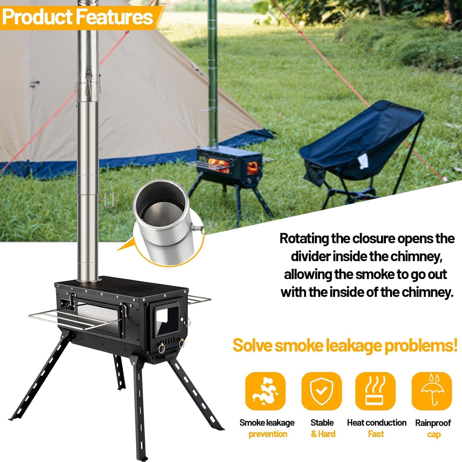 AVOFOREST tent stove glass view with damper to monitor fire safely