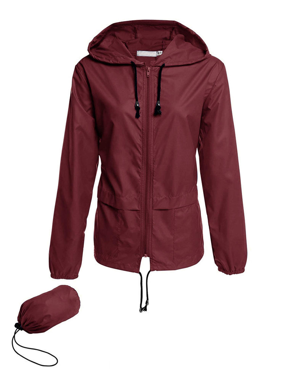 Avoogue women's rain jacket in wine red packed in its pouch for travel convenience.
