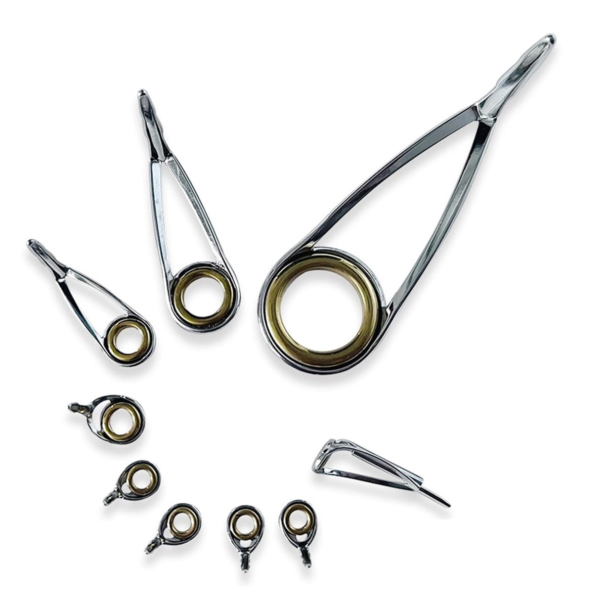 AWHZngE rod guides set with gold ring enhances casting distance and accuracy.