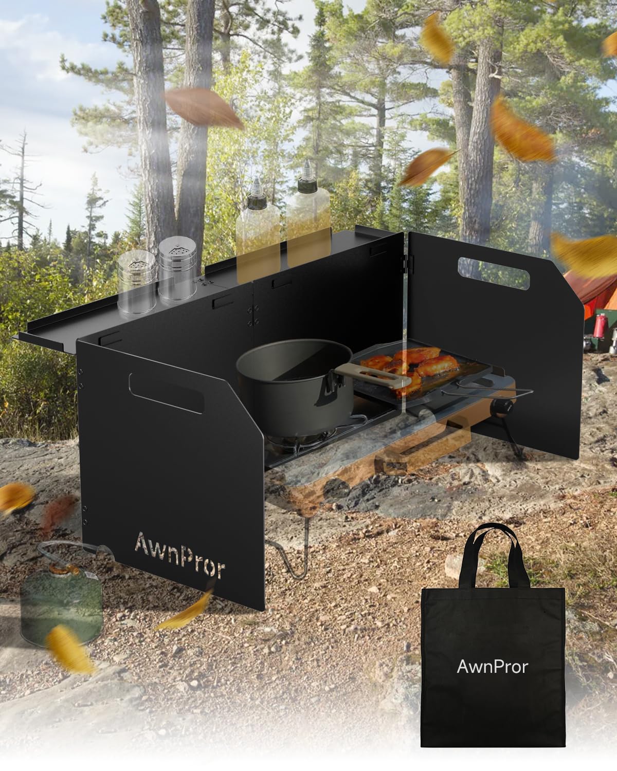 AwnPror stove windscreen assembled for portable outdoor cooking protection.