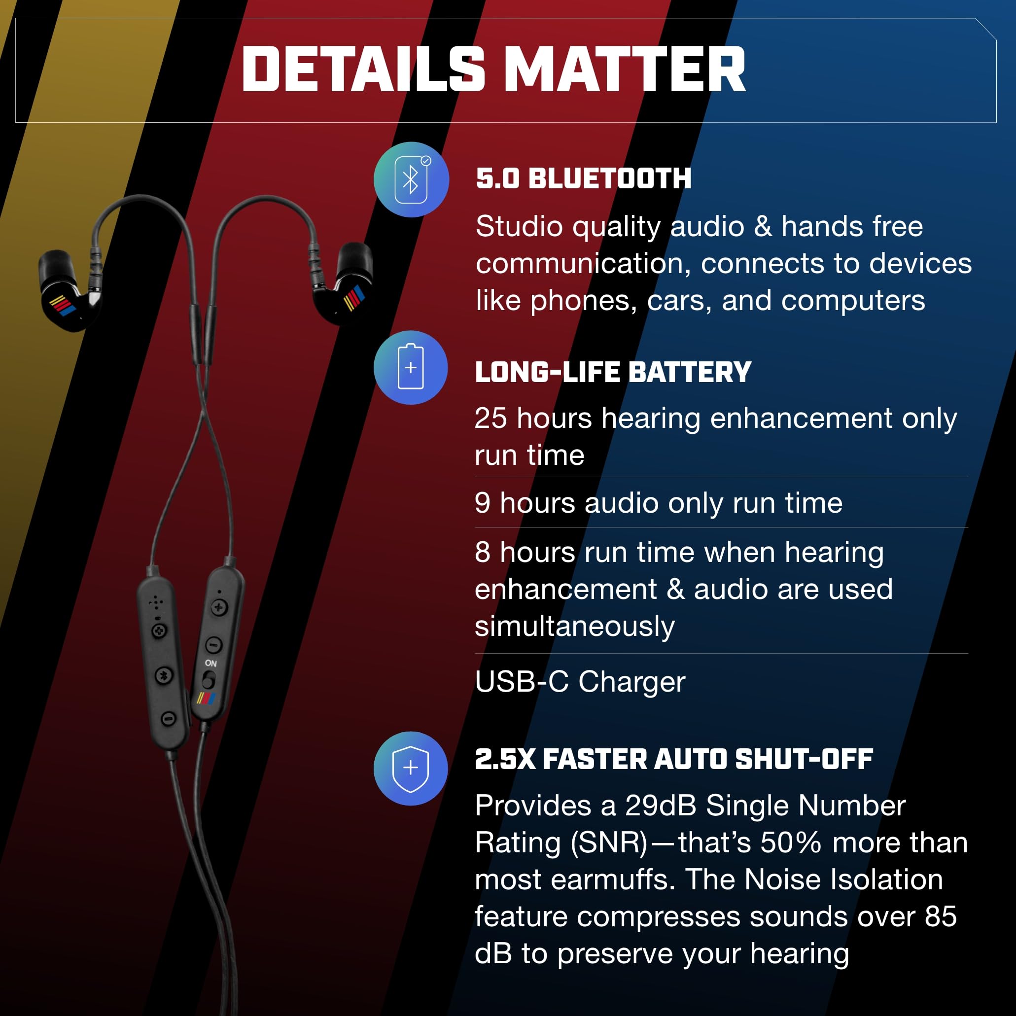 AXIL GS Extreme 2.0 battery indicator and 25-hour runtime at a glance.