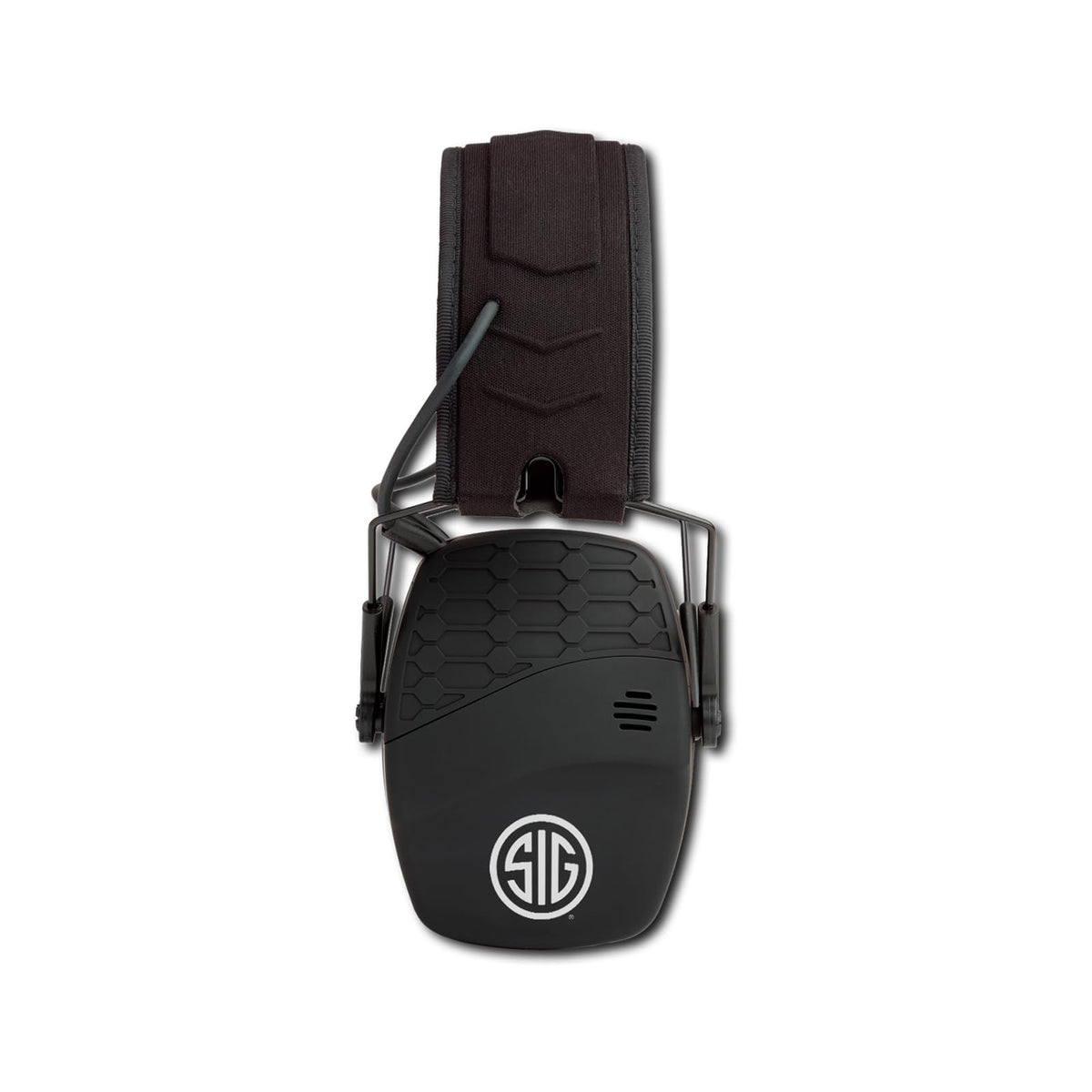 AXIL TRACKR Blu ear muffs front view offering compact protection for hunting and shooting
