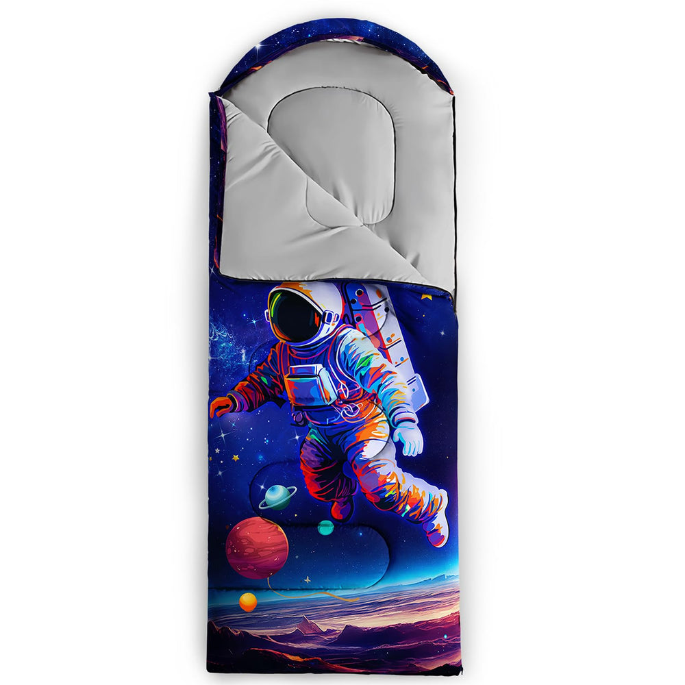 Axolotl 3D print design sleeping bag with vibrant galaxy-astronaut print