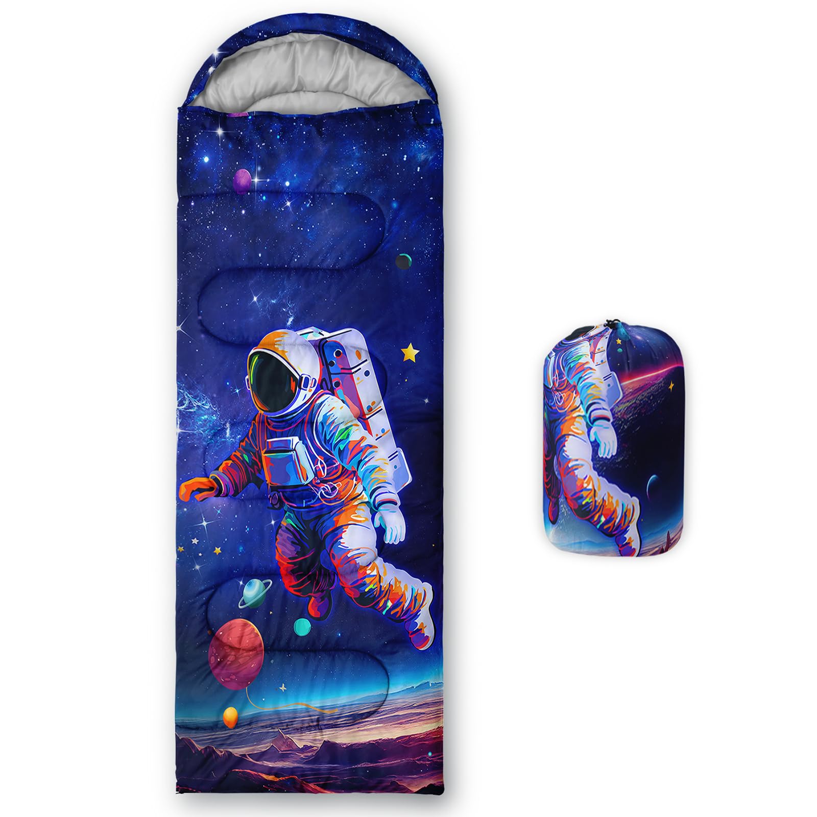 Axolotl astronaut sleeping bag with galaxy pattern for cozy outdoor adventures