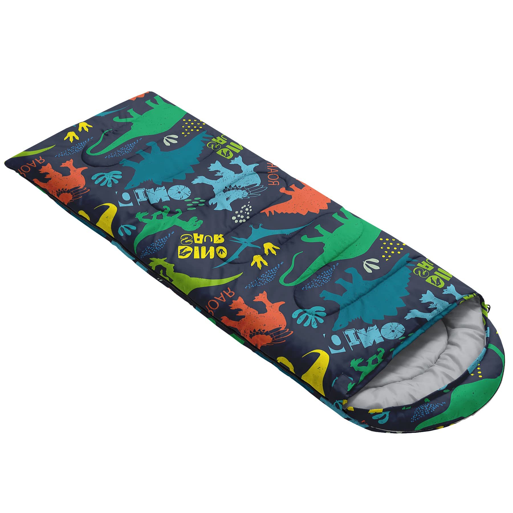 Axolotl blue dinosaur sleeping bag rolled in compression sack for travel.