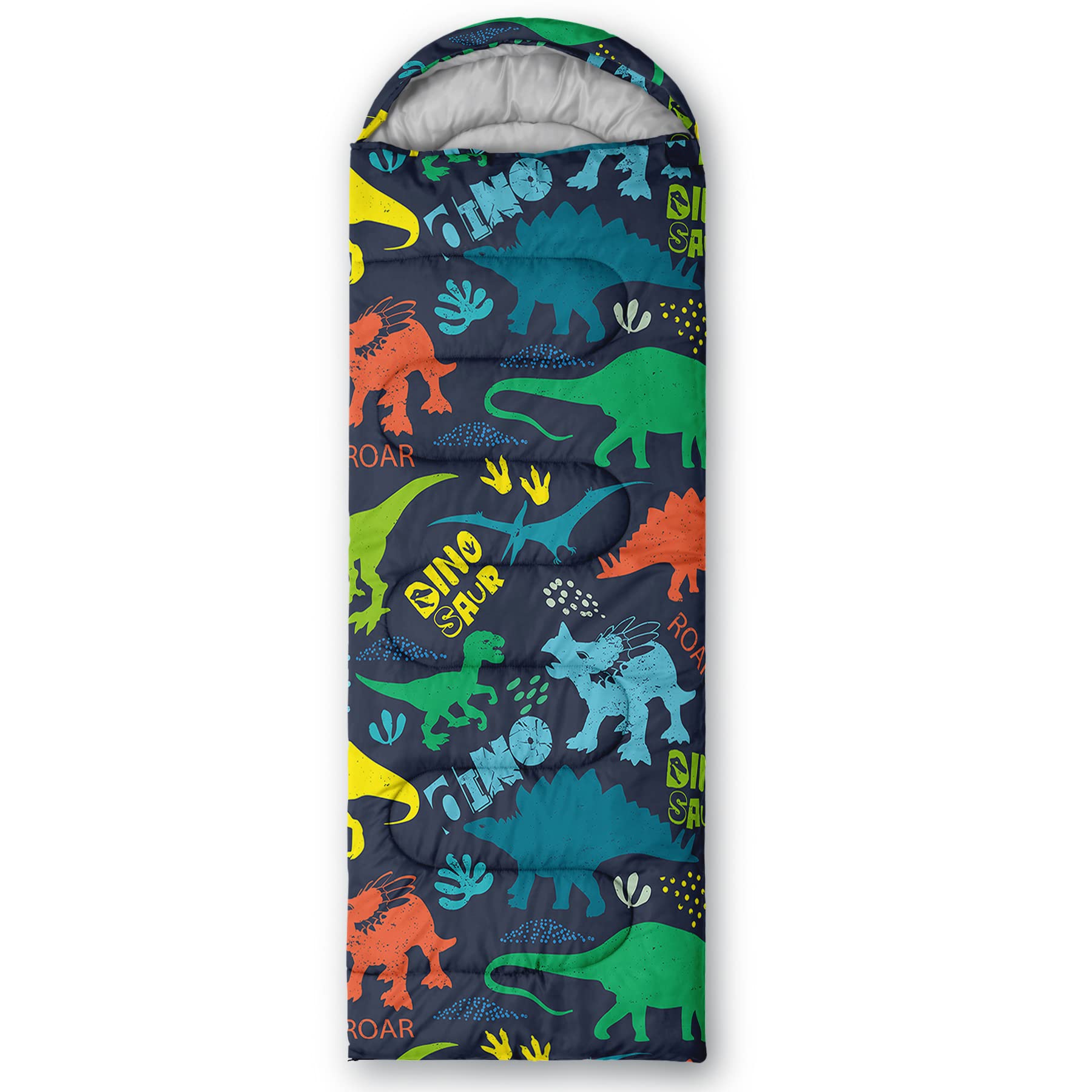 Axolotl blue dinosaur sleeping bag in use at campsite during a family trip.