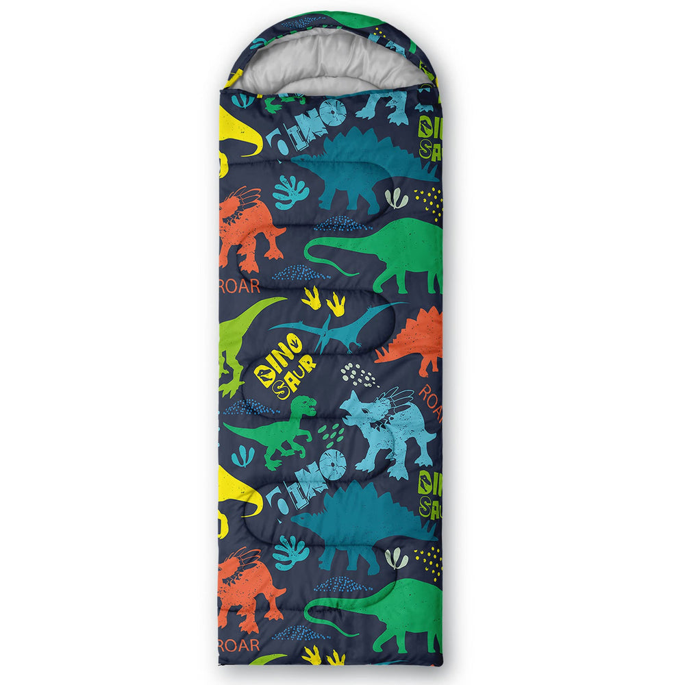 Axolotl blue dinosaur sleeping bag in use at campsite during a family trip.