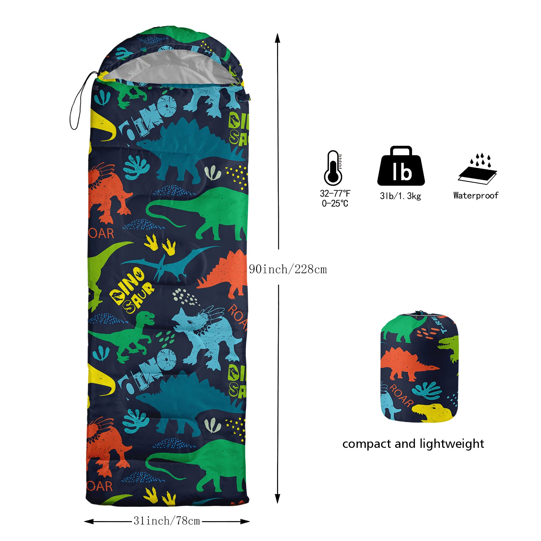 Axolotl blue dinosaur sleeping bag soft inner lining offers comfortable rest.