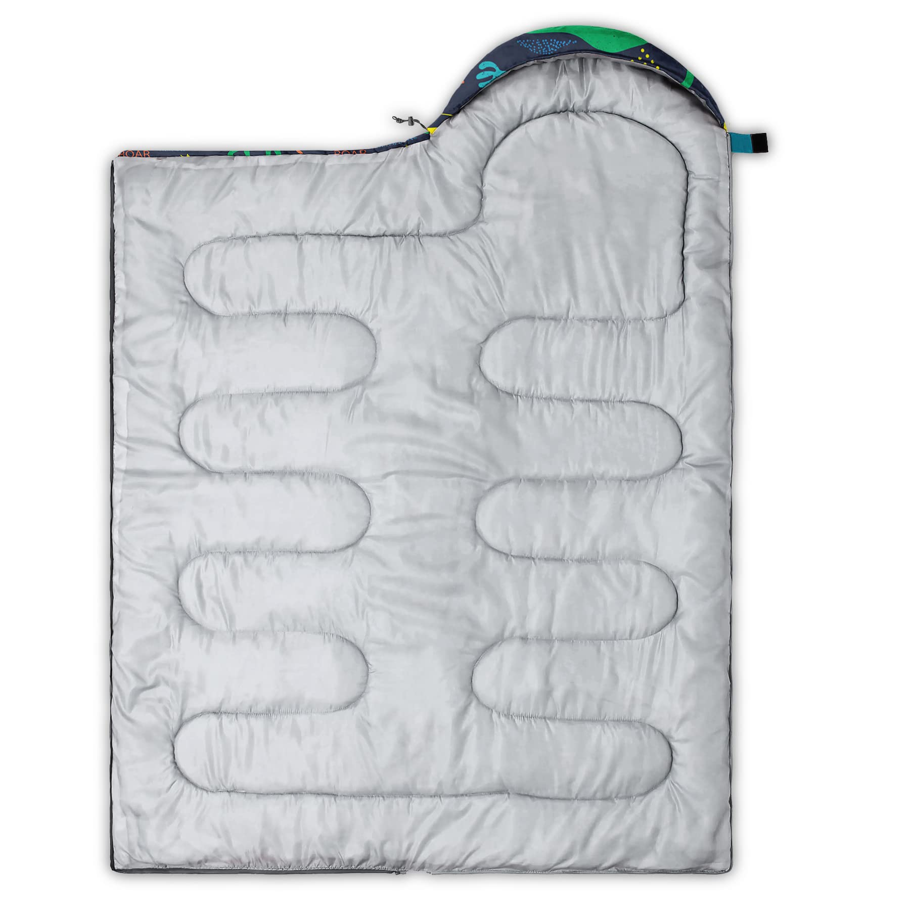 Axolotl blue dinosaur sleeping bag outer waterproof fabric keeps you dry outdoors.
