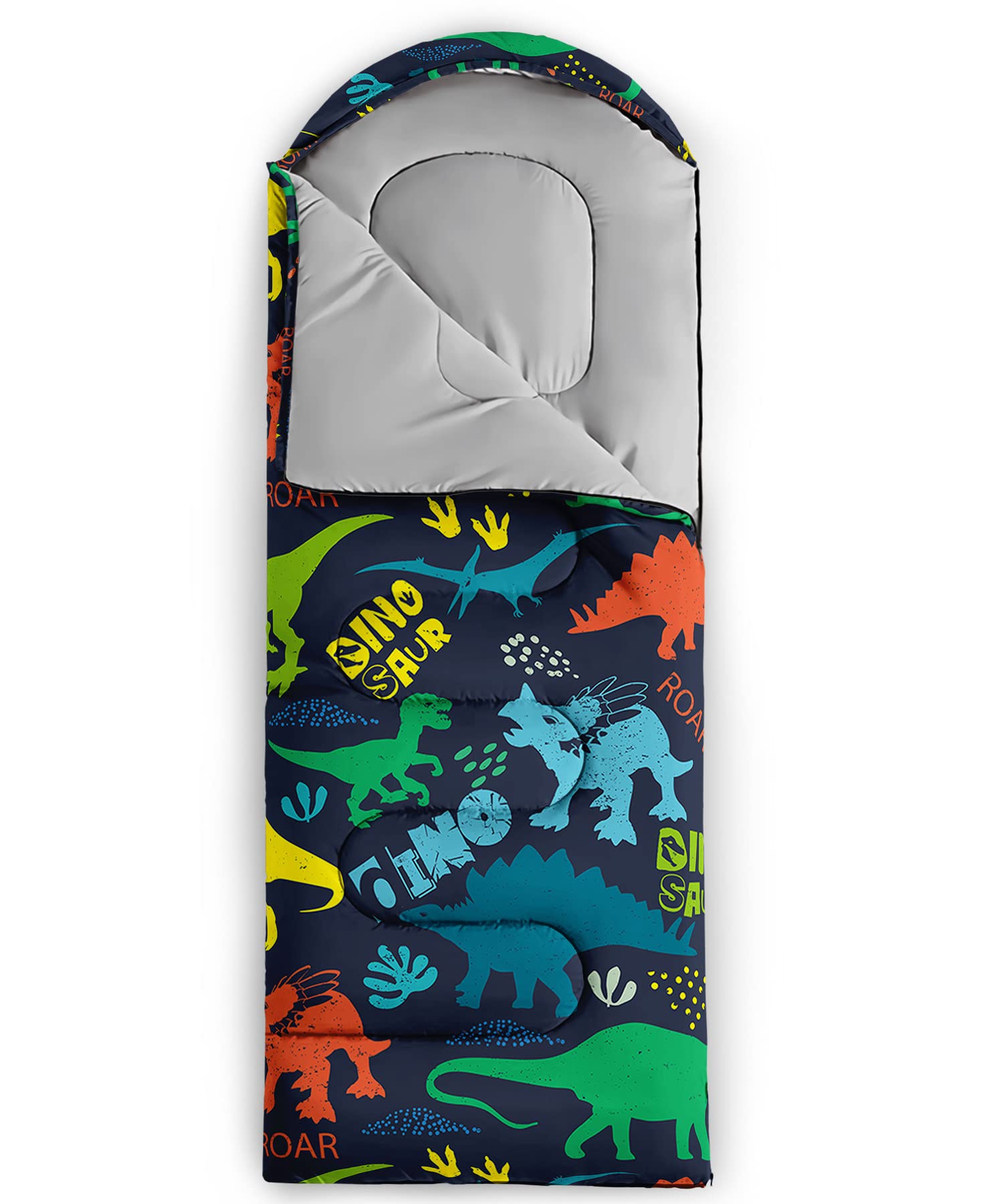 Axolotl blue dinosaur sleeping bag measures 31 by 90 inches for kids.