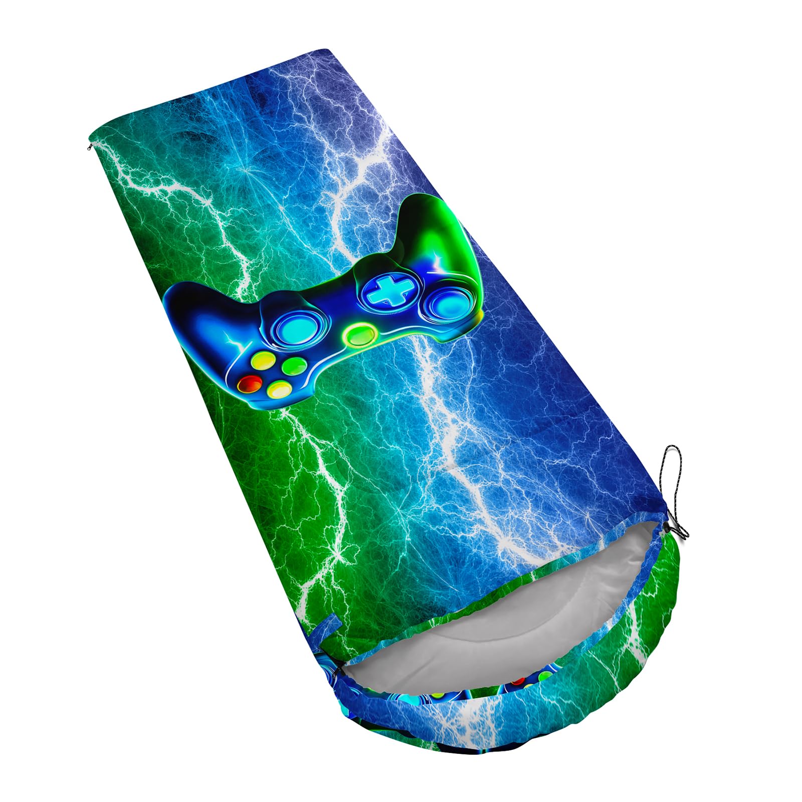 Axolotl Blue Gamepad Sleeping Bag dimensions 80x230 cm provide roomy adult fit.