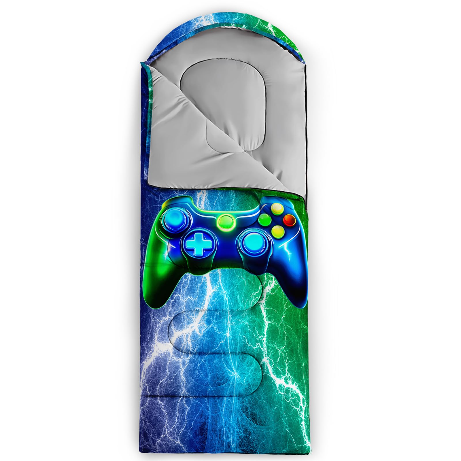Axolotl Blue Gamepad Sleeping Bag pictured in outdoor use for camping versatility.