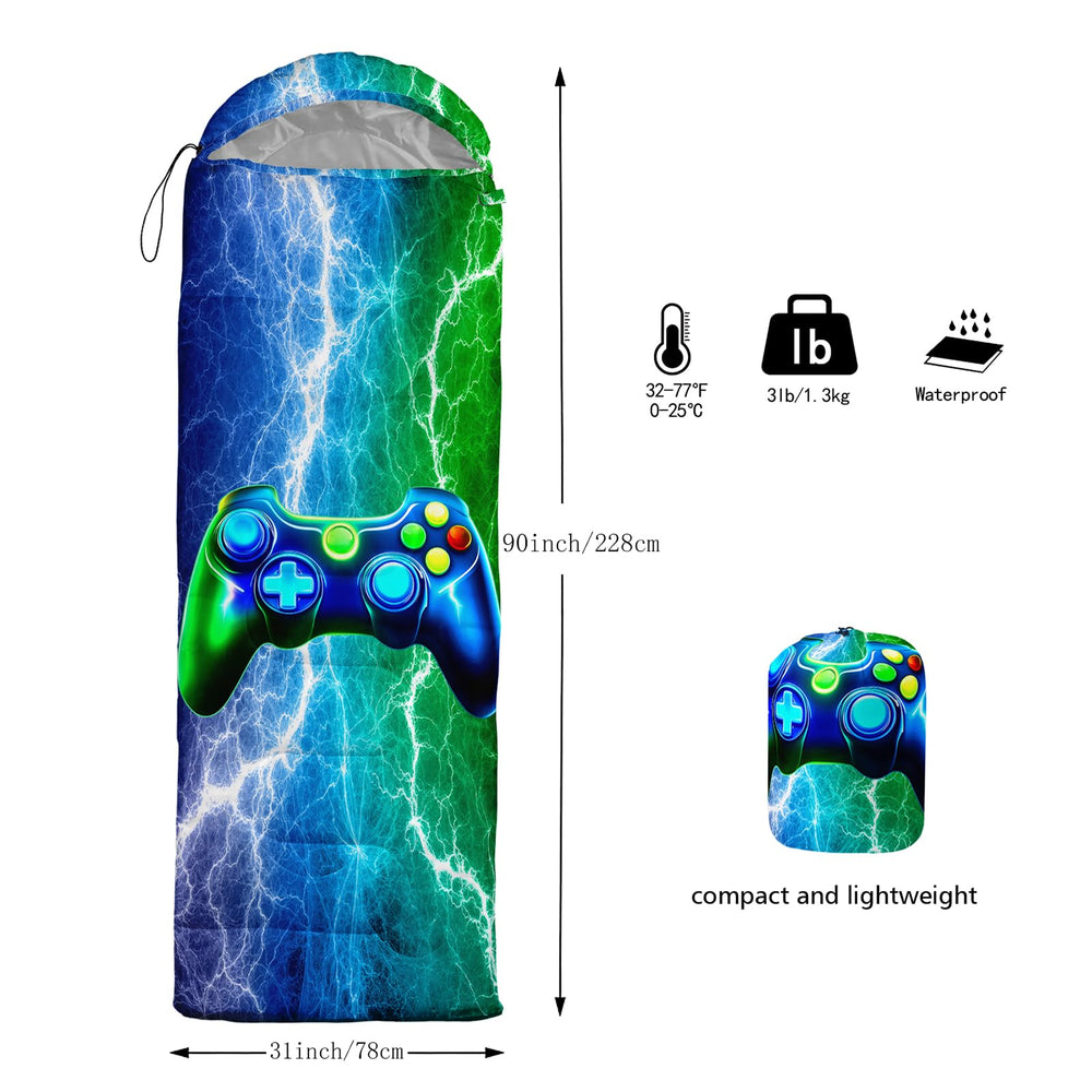 Axolotl Blue Gamepad Sleeping Bag waterproof outer layer protects against damp ground.