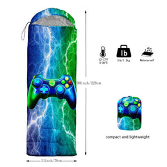 Axolotl Blue Gamepad Sleeping Bag waterproof outer layer protects against damp ground.