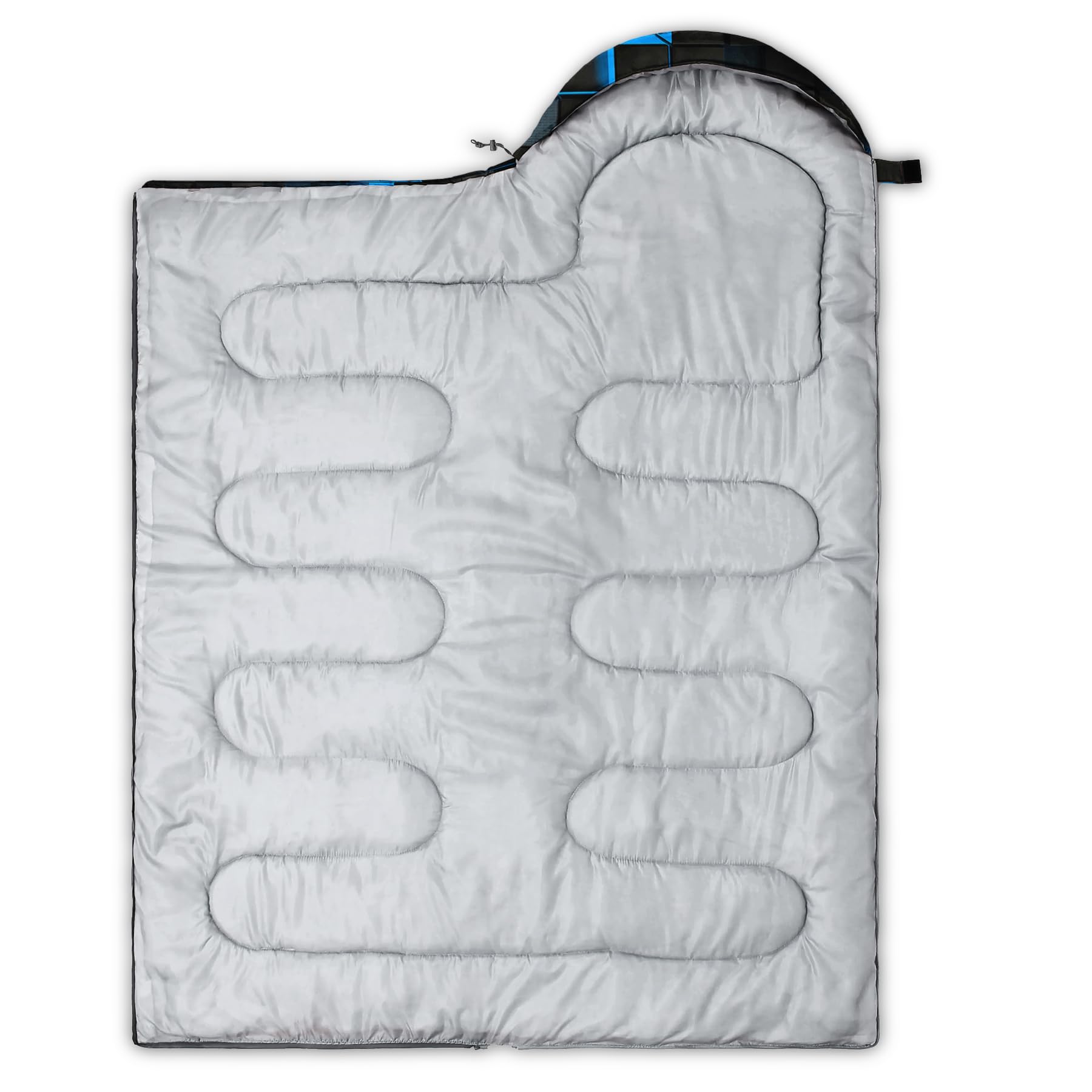 Axolotl gamepad sleeping bag blue front view shows 3-season warmth and water resistance