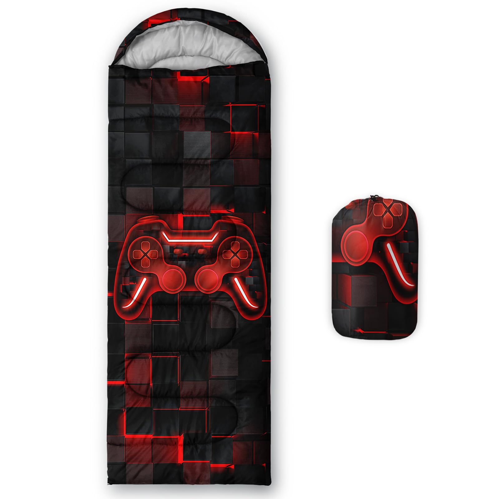Axolotl Gamepad Sleeping Bag front view with waterproof shell for camping.