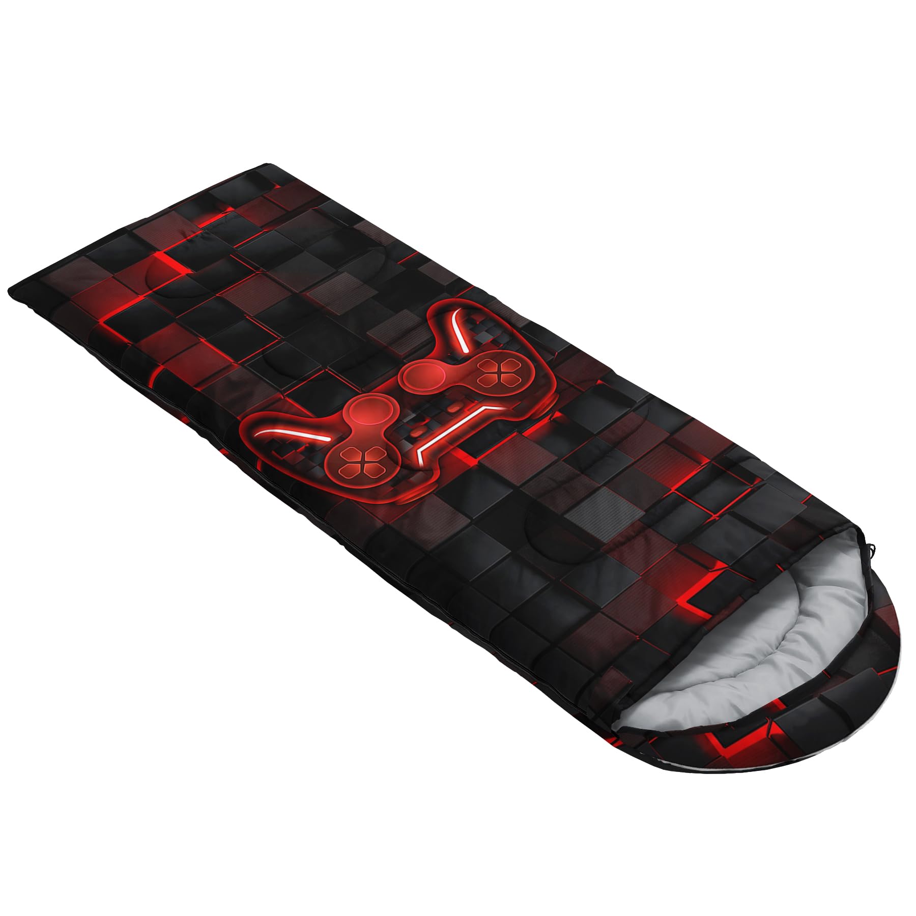 Axolotl Gamepad Sleeping Bag features hexagonal honeycomb pattern for outdoor comfort.