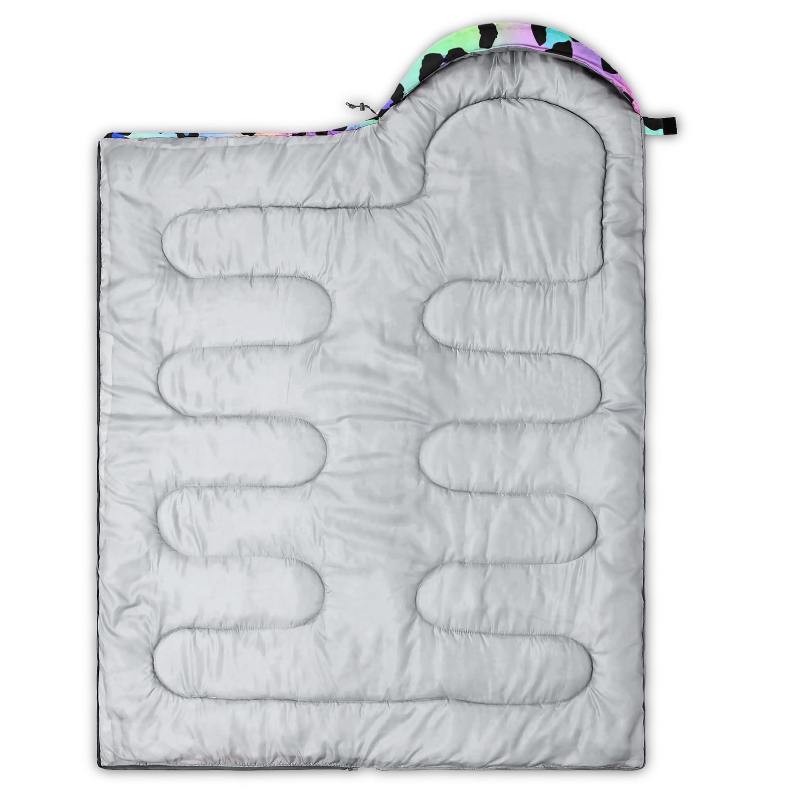 Axolotl leopard print sleeping bag with compression sack for easy travel.