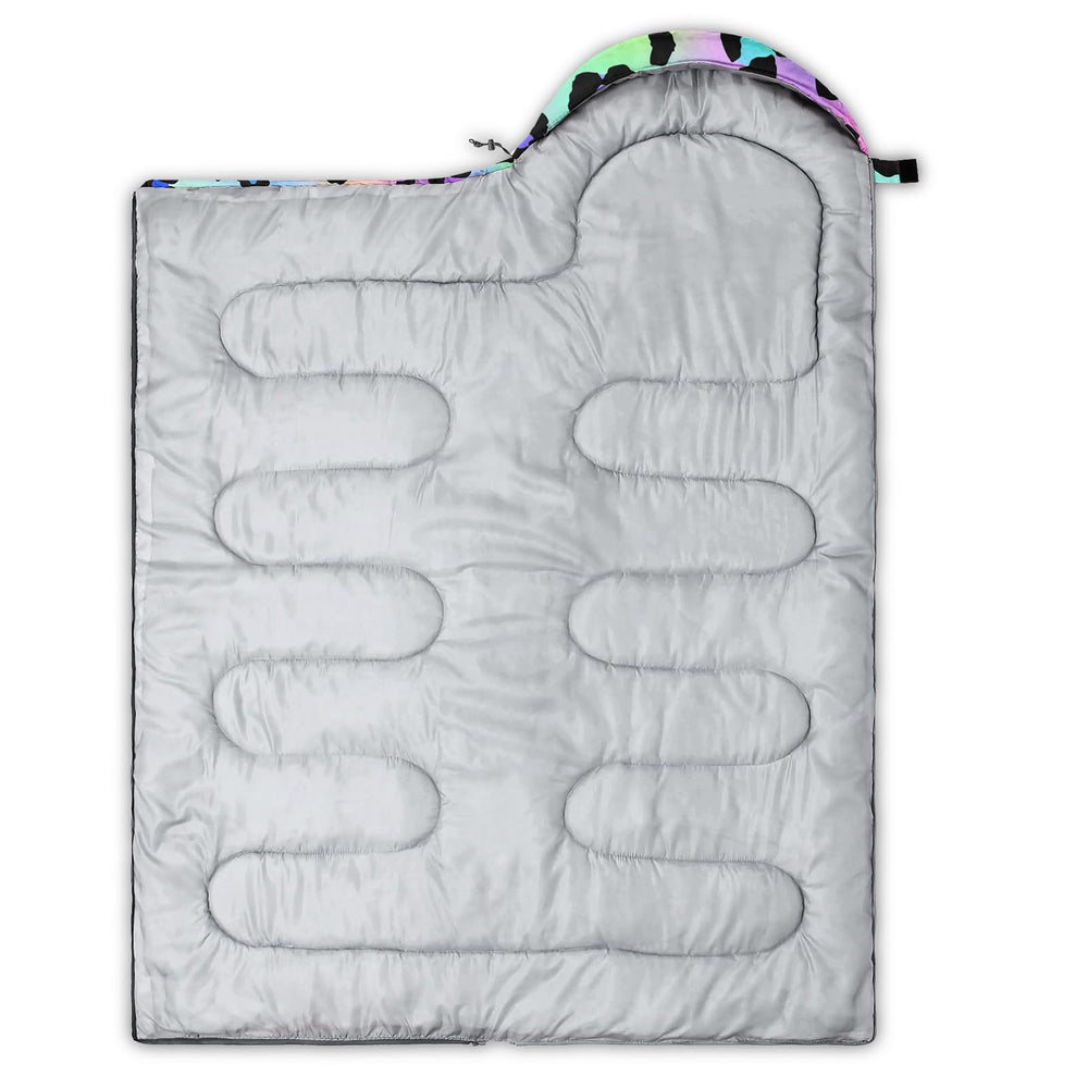 Axolotl leopard print sleeping bag with compression sack for easy travel.