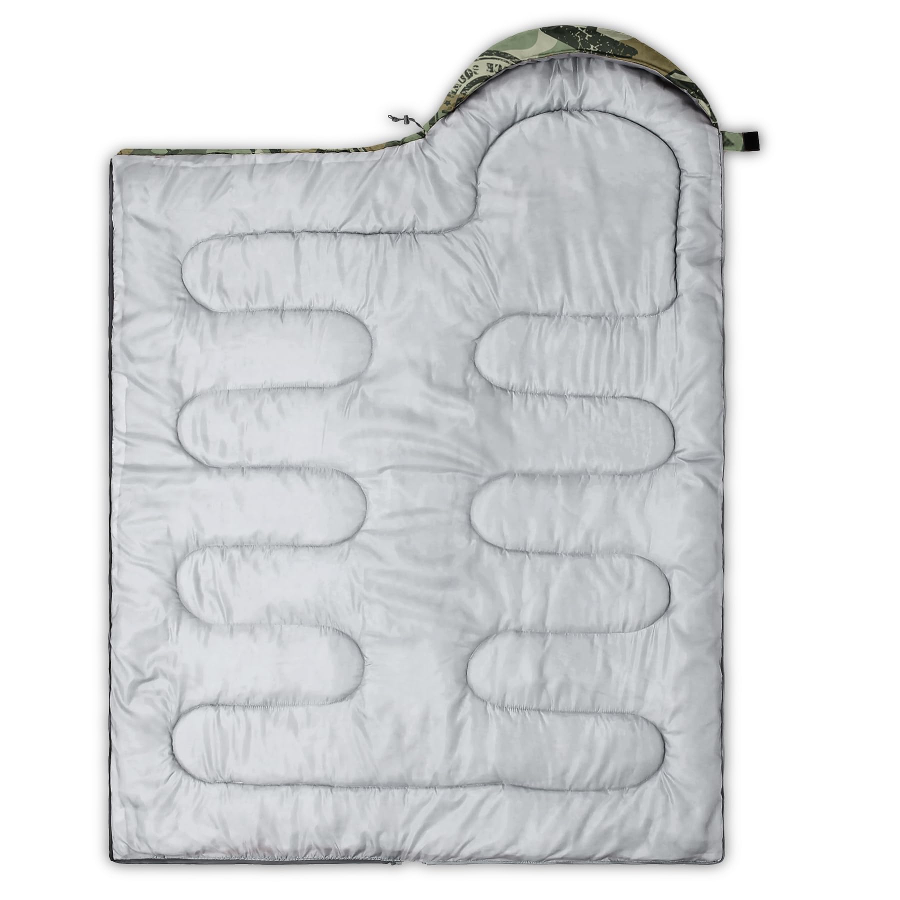 Axolotl military camouflage sleeping bag side zipper for easy entry.