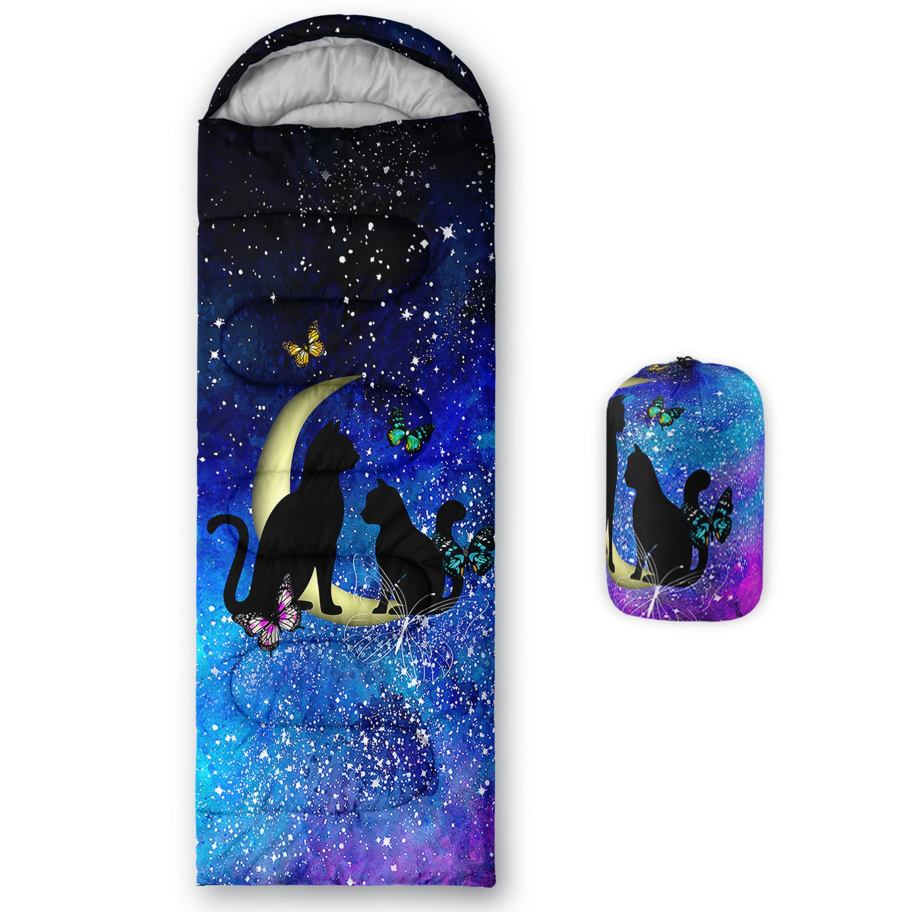 Axolotl Moon Cat sleeping-bag-front-view shows kid-friendly warmth for camping
