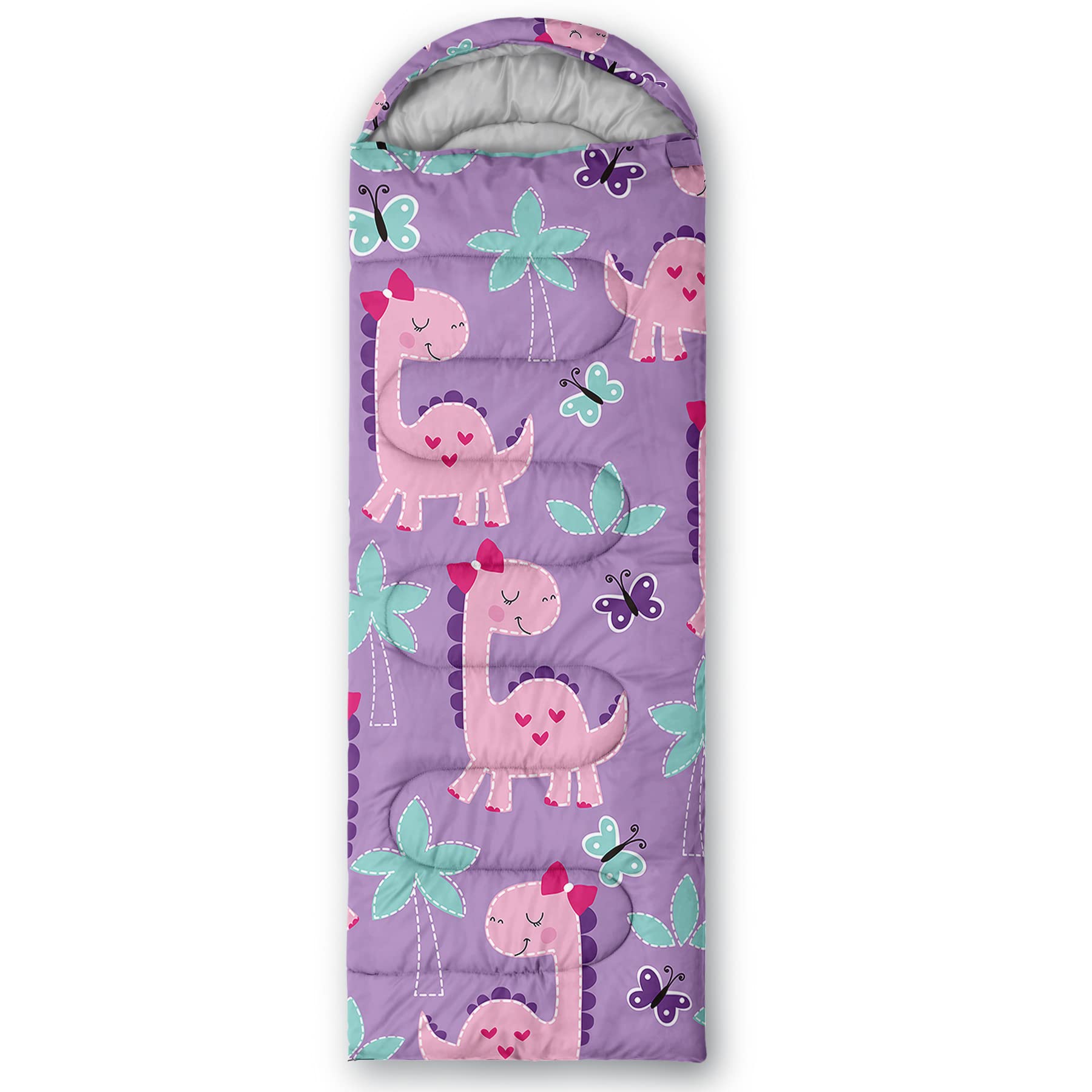 Axolotl pink purple dinosaur sleeping bag compact with 3-season range supports family camping.