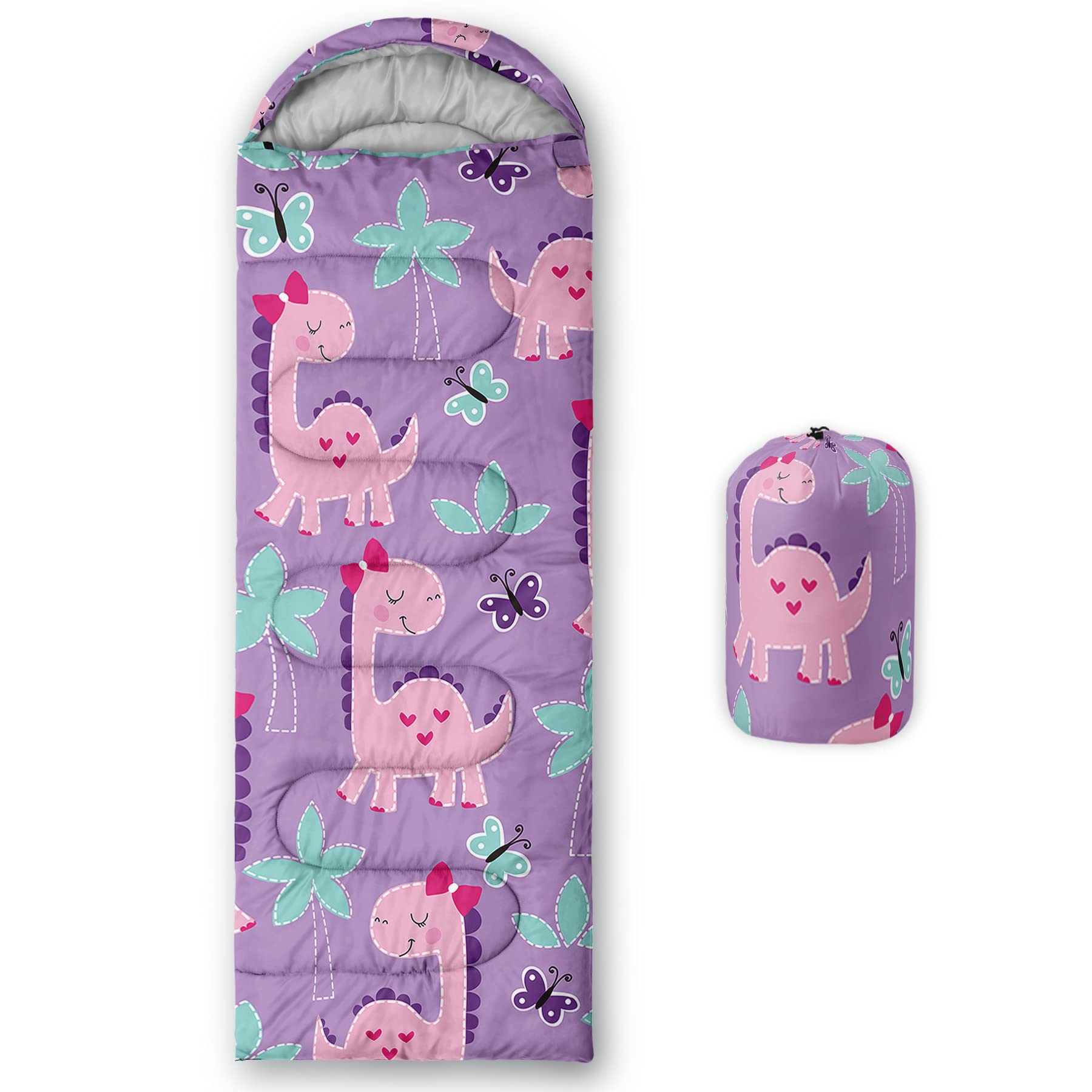 Axolotl pink purple dinosaur sleeping bag close-up highlights skin-friendly lining for cozy nights.