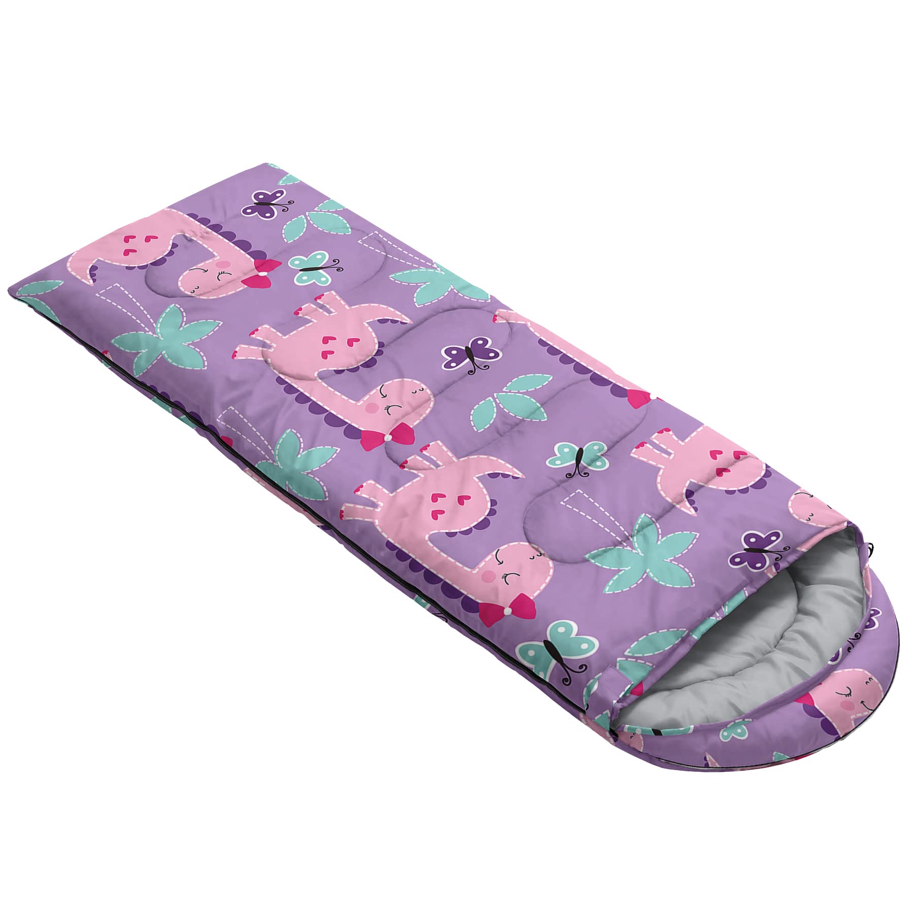 Axolotl pink purple dinosaur sleeping bag opened as blanket for picnic or casual indoor use.