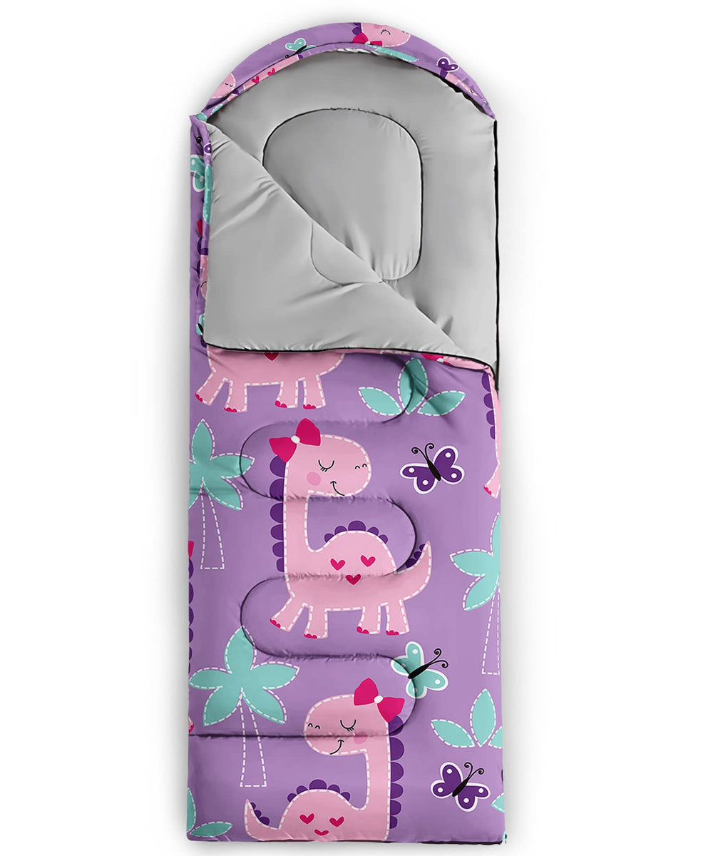 Axolotl pink purple dinosaur sleeping bag waterproof outer fabric helps stay dry outdoors.