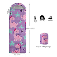Axolotl pink purple dinosaur sleeping bag zipper-closure demonstrates wind protection and simple setup.