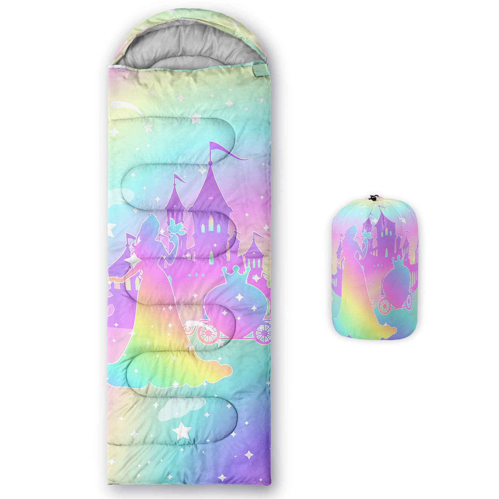 Axolotl Princess sleeping bag front view with rainbow design for camping