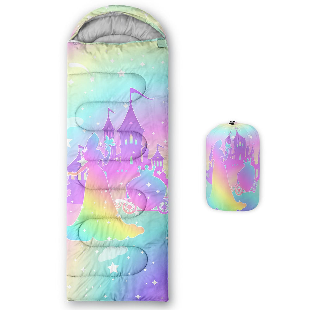 Axolotl Princess sleeping bag front view with rainbow design for camping