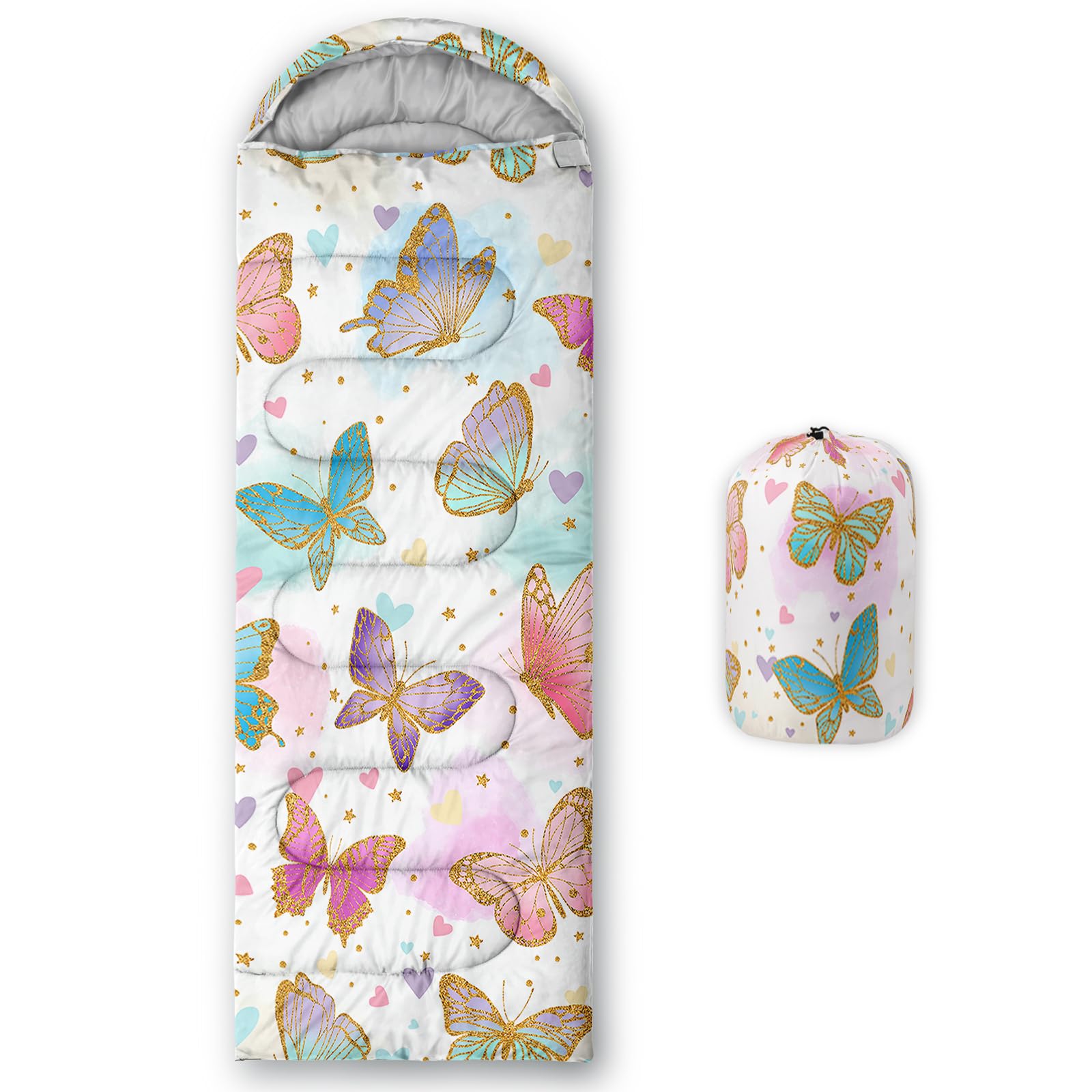 Axolotl pink butterfly sleeping bag with a 3D print design for outdoor comfort