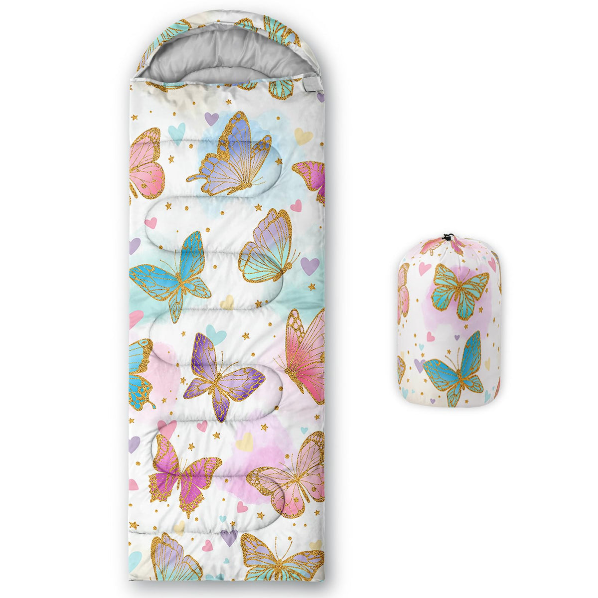 Axolotl pink butterfly sleeping bag with a 3D print design for outdoor comfort