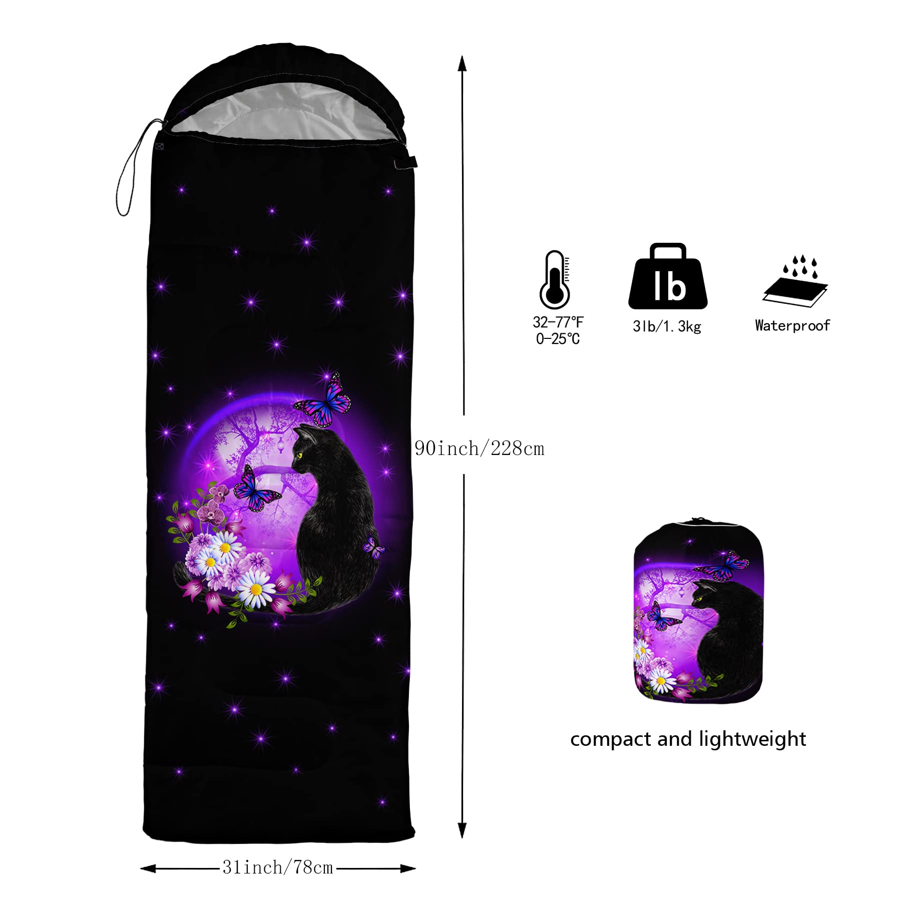 Axolotl sleeping bag purple compression sack shows portable travel convenience.
