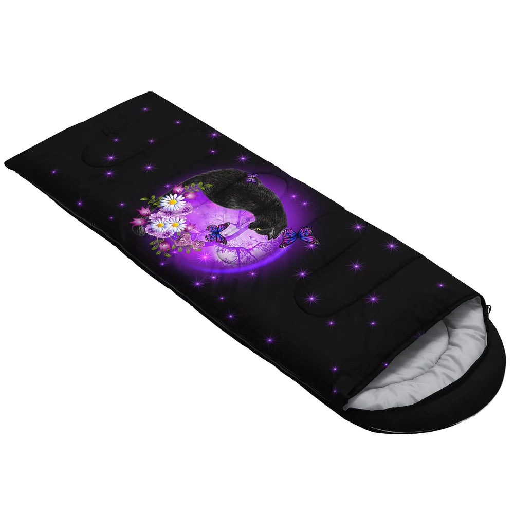 Axolotl sleeping bag purple open as blanket mode for picnics.