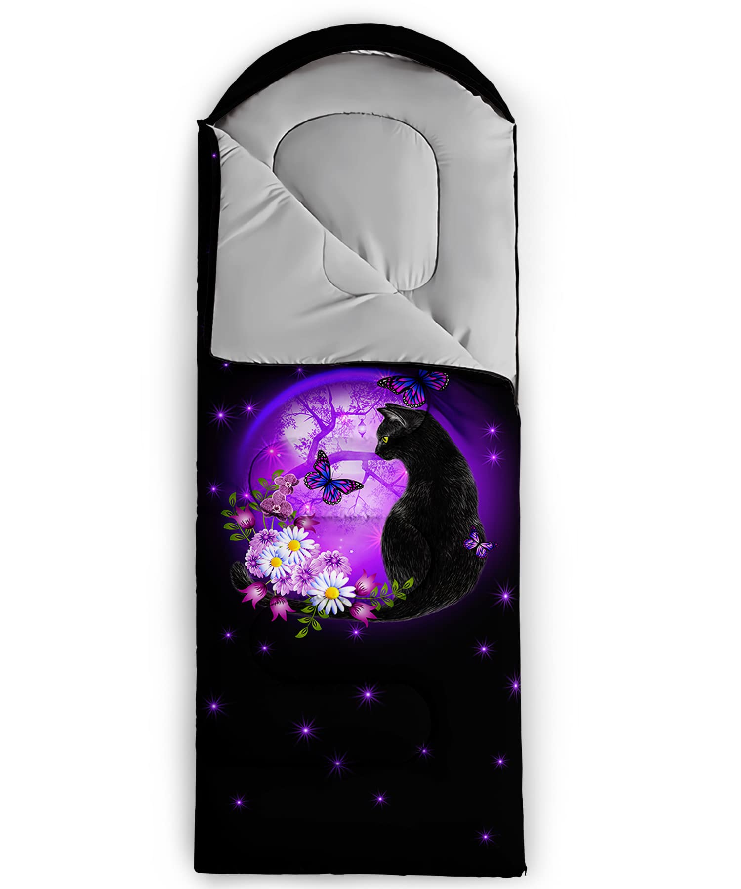 Axolotl sleeping bag purple waterproof outer helps stay dry outdoors.