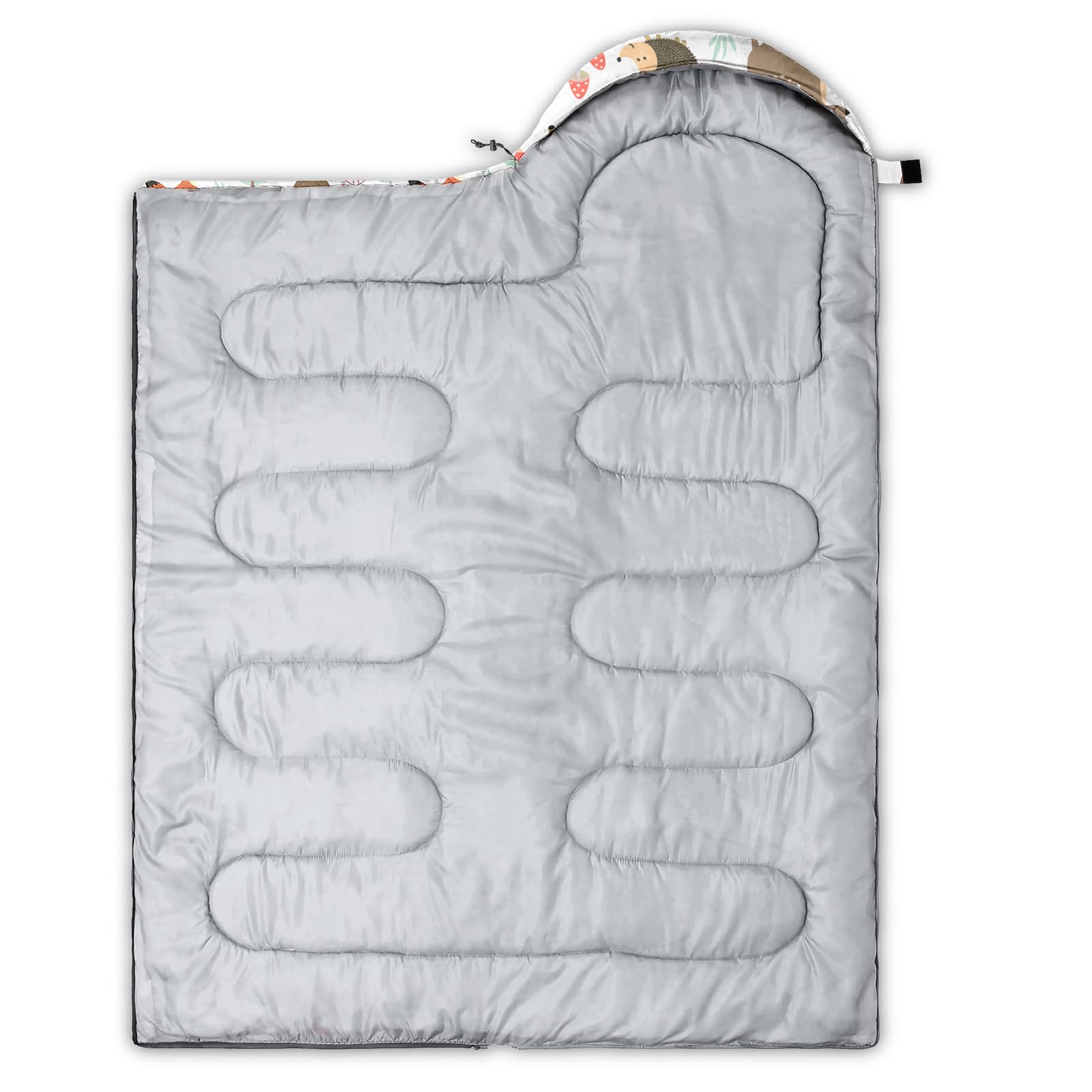 Axolotl sleeping bag open design demonstrates blanket versatility for picnics and indoors.