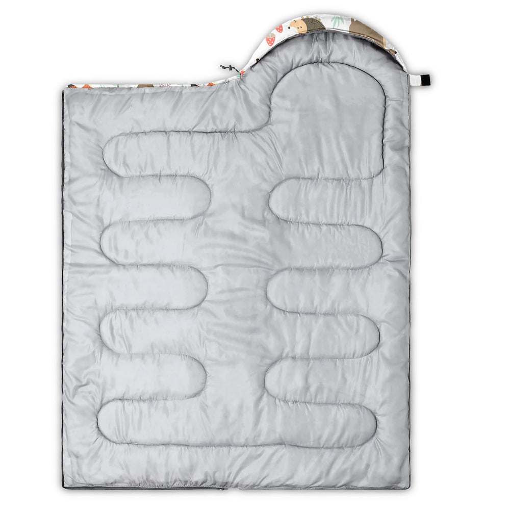 Axolotl sleeping bag open design demonstrates blanket versatility for picnics and indoors.