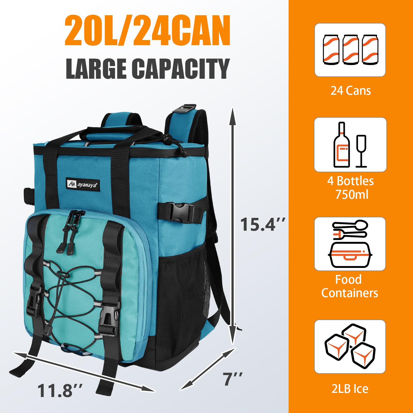 AYAMAYA Cooler Backpack 24-cans capacity demonstrates ample space for meals and drinks.